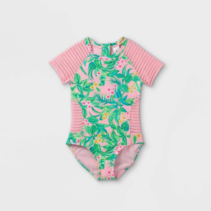 Photo 1 of Girs' Fora Print Crochet Short Seeve One Piece Rash Guard - Art Cass™
large 
