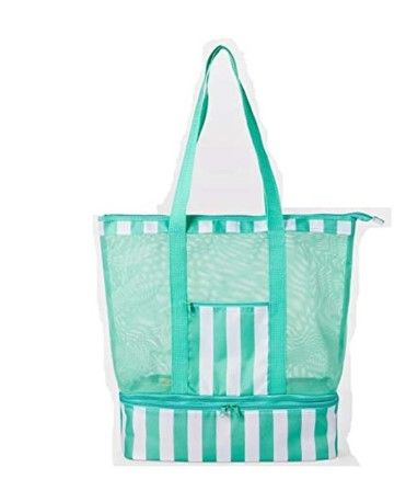 Photo 1 of Sun Squad Teal and White Mesh Beach Summer Storage Travel 2 in 1 Tote with Removable Cooler Bottom