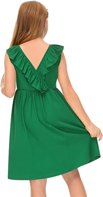 Photo 2 of BesserBay Girl's Elastic Waist Ruffle Sleeveless Summer Midi Backless Dress 4-12 Years
