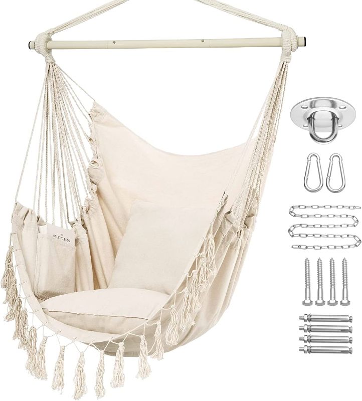 Photo 1 of Y- STOP Hammock Chair Hanging Rope Swing, Max 500 Lbs, 2 Cushions Included, Large Macrame Hanging Chair with Pocket for Superior Comfort, with Hardware Kit, Beige