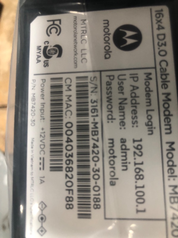 Photo 3 of MOTOROLA 16x4 Cable Modem, Model MB7420, 686 Mbps DOCSIS 3.0, Certified by Comcast XFINITY, Charter Spectrum, Time Warner Cable, Cox, BrightHouse, and More