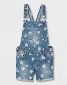 Photo 1 of Girls' Star Printed Jean Shortalls - Cat & Jack™ Medium Wash medium 

