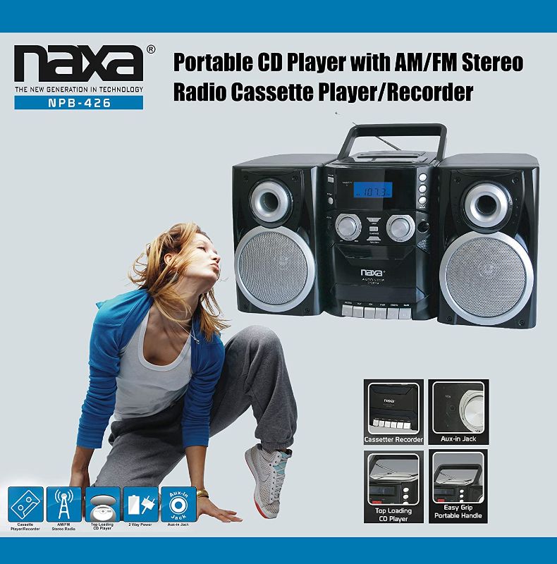 Photo 1 of NAXA Electronics NPB-426 Portable CD Player with AM/FM Stereo Radio, Cassette Player/Recorder and Twin Detachable Speakers