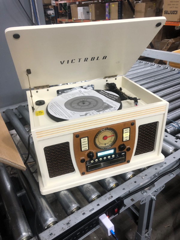 Photo 2 of Victrola 8-in-1 Bluetooth Record Player & Multimedia Center, Built-in Stereo Speakers - Turntable, Wireless Music Streaming, Real Wood | White Entertainment Center