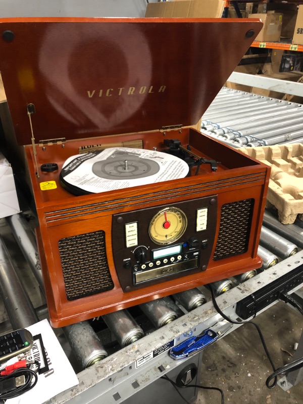 Photo 2 of Victrola 8-in-1 Bluetooth Record Player & Multimedia Center, Built-in Stereo Speakers - Turntable, Wireless Music Streaming, Real Wood | Mahogany
