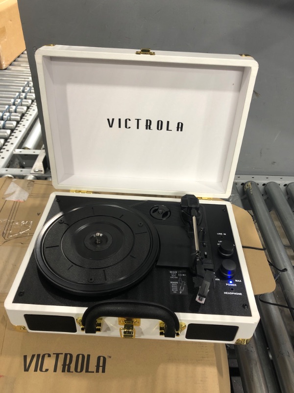 Photo 4 of Victrola Vintage 3-Speed Bluetooth Portable Suitcase Record Player with Built-in Speakers | Upgraded Turntable Audio Sound| White (VSC-550BT-WH) White Record Player