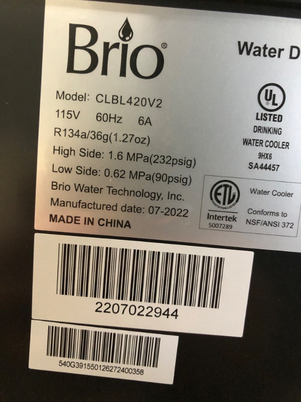 Photo 7 of **not packaged, minor scratch**
Brio Essential Series Bottom Load Hot, Cold & Room Water Cooler Dispenser - 3 Temperature Modes for Home or Office - UL / Energy Star Approved.