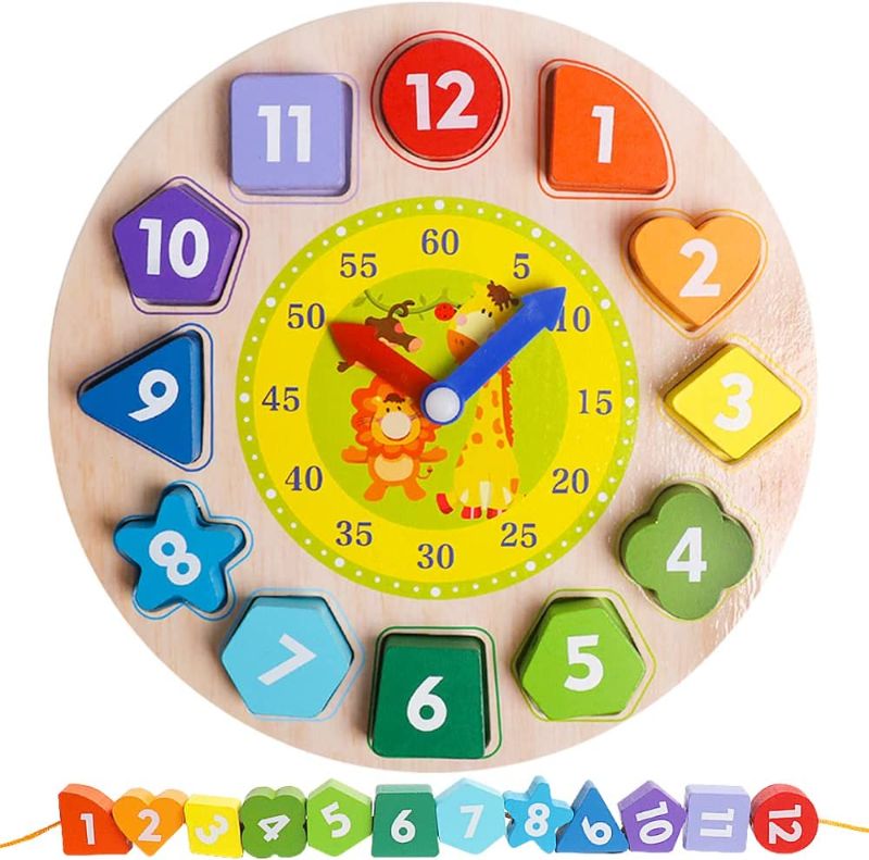 Photo 1 of 2 PACK*
Wooden Shape Color Sorting Clock- Teaching Time Number Blocks Clock Shape Patterns Sorting and Animal Puzzle Montessori Early Learning Educational Toy Gift for 1 2 3 Year Old Toddler Baby Kids
