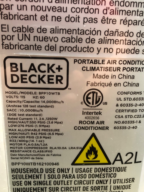 Photo 4 of (DOES NOT FUNCTION)Black+Decker 14000 Btu Portable Air Conditioner With Remote Control White
**DOES NOT POWER ON, FOR PARTS ONLY**