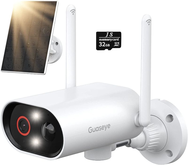 Photo 1 of Guaseye Security Cameras Wireless Outdoor 180° Pan 8X Zoom, WiFi IP Camera 2K HD with Color Night Vision and Audio, 32GB SD Card Included, IP65 Waterproof, Solar+Battery Powered Surveillance Camera
