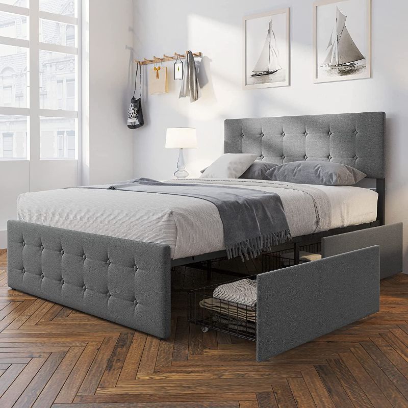 Photo 1 of IDEALHOUSE Full Platform Bed Frame with Headboard and 4 Drawers Storage, Button Upholstered Mattress Foundation with Wood Slat Support, No Box Spring Needed QUENNN 
