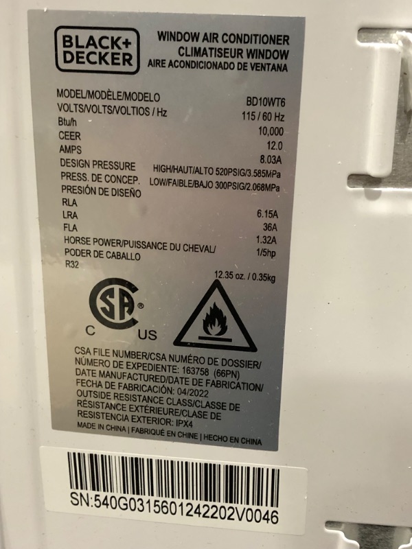Photo 1 of DOES NOT FUNCTION, DAMAGE, BLACK+DECKER BD10WT6 Window Air Conditioner with Remote Control, 10000 BTU, Cools Up to 450 Square Feet, White
**dents, does not blow air**