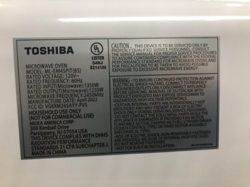 Photo 2 of *Tested-Powers On* TOSHIBA ML-EM45PIT(BS) Countertop Microwave Oven With Inverter Technology, Kitchen Essentials, Smart Sensor, Auto Defrost, 1.6 Cu Ft, 13.6" Removable Turntable, 33lb.&1250W, Black Color 1.6 Cu. Ft.-Inverter Microwave Oven