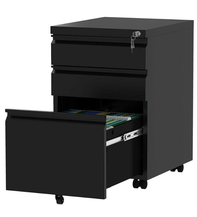 Photo 1 of *Stock Photo for Reference* 3-Drawer Mobile File Cabinet with Lock, Office Storage Filing Cabinet for Legal/Letter Size, Pre-Assembled Metal File Cabinet Except Wheels Under Desk (Black)
