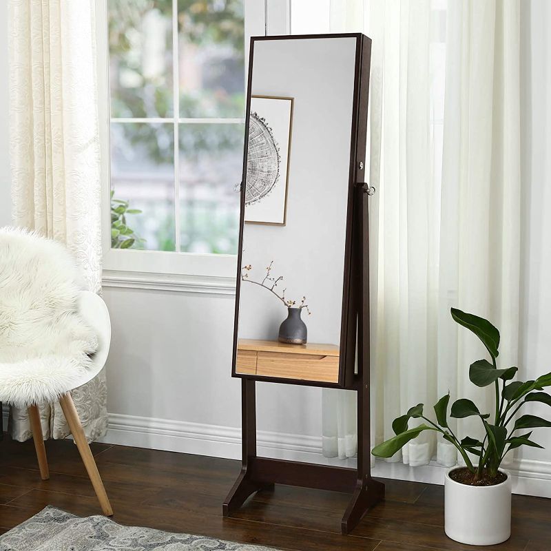 Photo 1 of **NEW BUT GLASS IS SHATTERED** SONGMICS Mirrored Jewelry Cabinet Armoire, Standing Full Body Larger Mirror, Lockable Jewelry Organizer, Brown