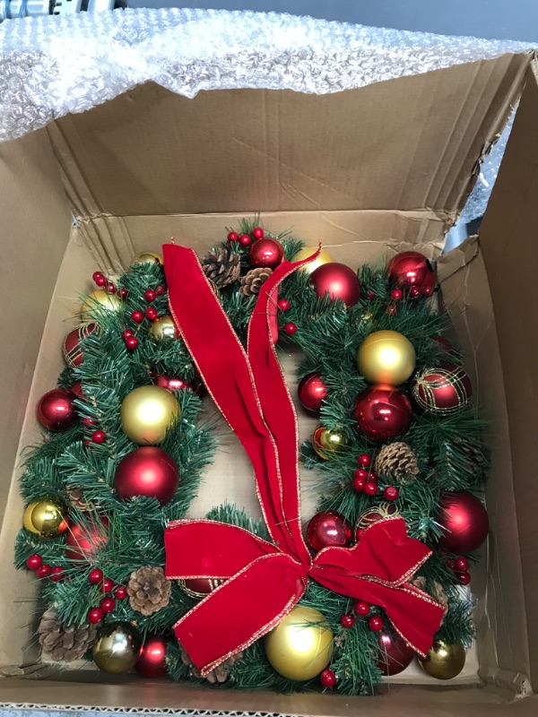 Photo 2 of 24 Inch Prelit Christmas Wreaths for Front Door Outside Vlorart Large Christmas Wreath with 60 Led Lights Red Bow and Colored Balls?Battery Operated with Timer Christmas Wreath for Home Decoration