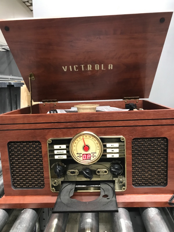 Photo 2 of (Tested) Victrola Nostalgic 6-in-1 Bluetooth Record Player & Multimedia Center with Built-in Speakers - 3-Speed Turntable, CD & Cassette Player, FM Radio | Wireless Music Streaming | Mahogany Mahogany Entertainment Center