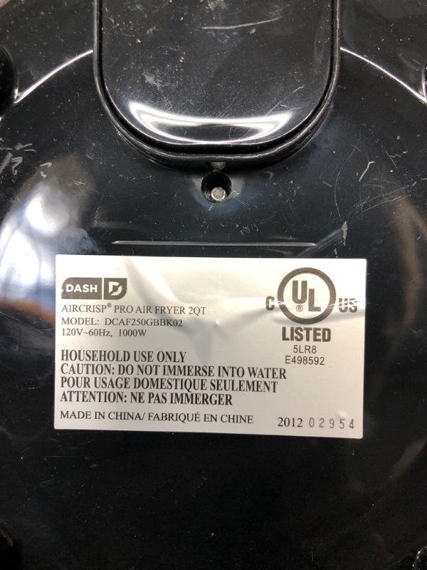 Photo 7 of ***TESTED: WORKING BUT RECOMMEND FOR PARTS ONLY*** Dash DCAF250GBBK02 Aircrisp® Pro Compact Air Fryer + Oven Cooker with Temperature Control, Non Stick Fry Basket, Recipe Guide + Auto Shut Off Feature, 2qt, Black Black 2qt Air Fryer