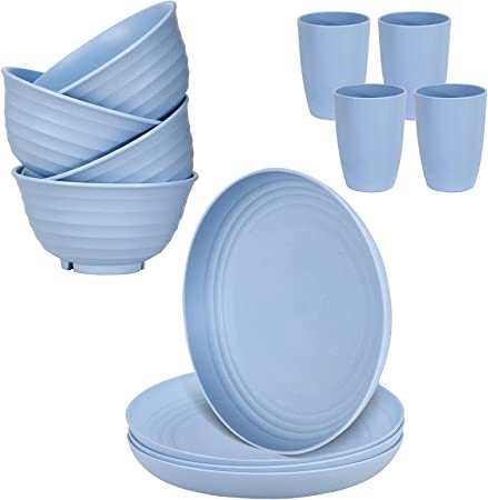 Photo 1 of 12pcs Wheat Straw Dinnerware Sets Unbreakable Microwave Safe Lightweight Bowls, Cups, Plates Set-Reusable, Dishwasher Safe (Blue)