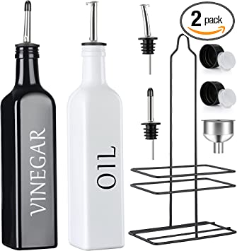 Photo 1 of [2 PACK] Vakoo 17oz Glass Olive Oil Dispenser Bottle Set, [Farmhouse Style] [Leak Proof] Oil and Vinegar Cruet Bottle for Kitchen with Caddy Holder, Spouts, Caps & Funnel for Easy Refill