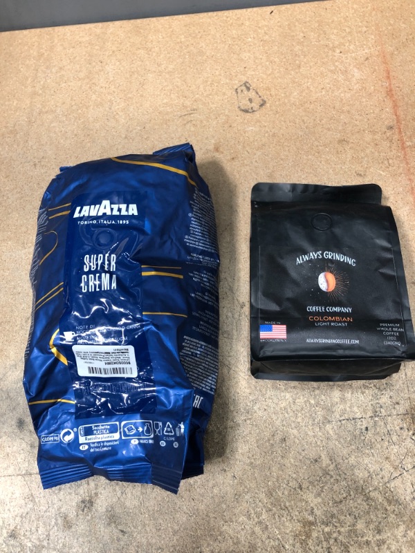 Photo 1 of 2 Sets of Always Grinding Coffee Company Colombian Light Roasted 12oz (Best By 02/2023) & Super Crema Roast Whole Bean Coffee by Lavazza - 35.2 oz Coffee (Best By 30/01/2024)