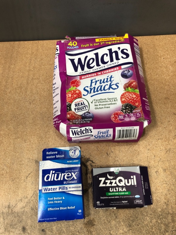 Photo 1 of 3 Packs of Food/ Health Items - Welch's Berries and Cherries - 40ct (Best By 03/07/2023), Ultimate Water Pills with Caffeine - 60ct (Best By 03/2024) & ZzzQuil Ultra Sleep Aids Tablets - 48ct (Best By 11/2024) 