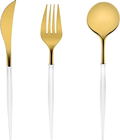 Photo 1 of 120Pcs Gold Plastic Silverware - Heavy Duty Plastic Silverware with White Handle, Gold Plastic Cutlery Set, Disposable White and Gold Plastic Flatware Included: 40 Forks, 40 Knives, 40 Soup Spoons