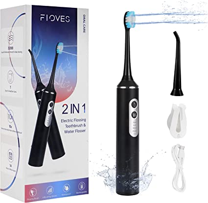 Photo 1 of FLOVES Rechargeable Electric Flossing Toothbrush, Tankless Sonic Toothbrush Water Flosser Combo, Cordless Teeth Cleaning Kit with 4 Brushing Modes for Sensitive Teeth, Portable for Travel and Home