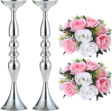 Photo 1 of 2 Pcs Metal Flower Holder and 2 Pcs Artificial Flower Set for Home Event Decoration Silver-Pink