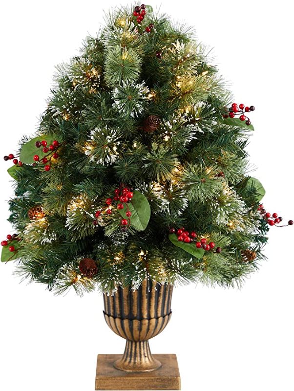 Photo 1 of 3ft. Holiday Pre-Lit Snow Tip Greenery, Berries and Pinecones Artificial Christmas Plant in Urn with 100 LED Lights, Indoor Outdoor Patio Porch Decor
