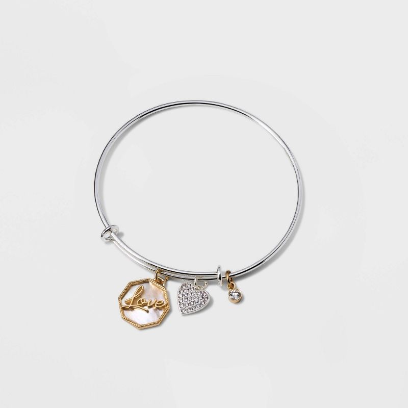 Photo 1 of Silver Plated 'Love' Mother of Pearl and Cubic Zirconia Two-Tone Metal Bangle Bracelet - Silver
