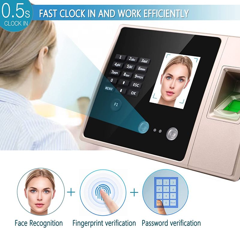 Photo 2 of Time Clocks for Employees Small Business with Face Recognition,Finger Scan,Password in One,Biometric Fingerprint Time Attendance Machine Automatic in and Out,Offline Intelligent Terminal Clock Machine
