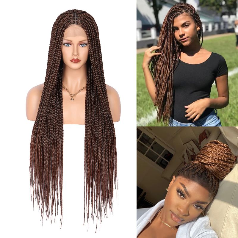 Photo 1 of Fecihor 36" Full double Lace Front Box Braided Wigs Knotless Cornrow Braids Lace Frontal Wig Synthetic Omber Brown Hand Braided Wigs With Baby Hair for Black Women
