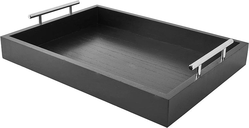 Photo 1 of 16"x12" Wooden Serving Tray, Suitable for Kitchen, Bedroom, Living Room, Coffee, Fruit, Snacks, Black Decorative Trays (Black)
