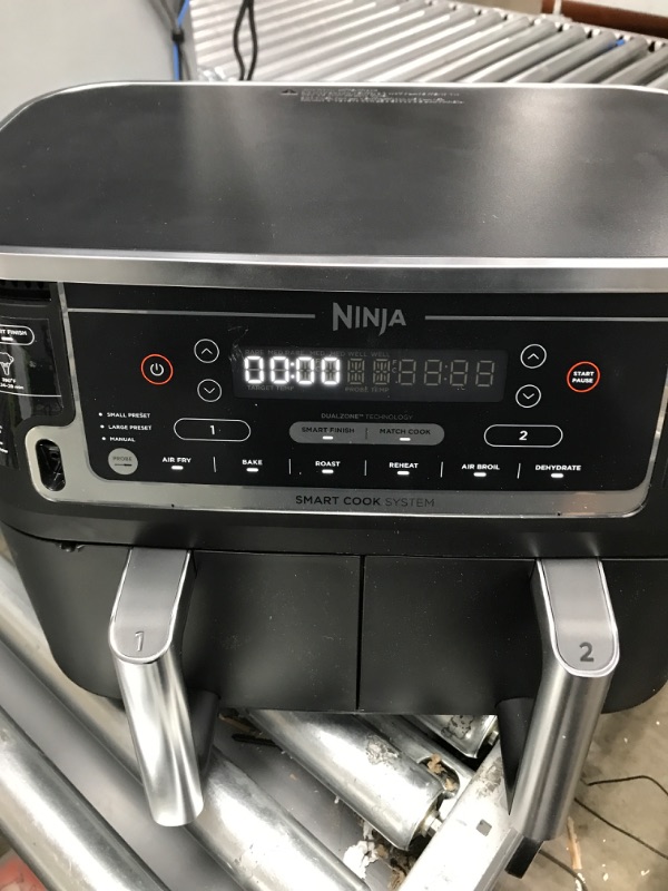 Photo 2 of ***TESTED POWERS ON*** Ninja DZ550 Foodi 10 Quart 6-in-1 DualZone Smart XL Air Fryer with 2 Independent Baskets, Smart Cook Thermometer for Perfect Doneness, Match Cook & Smart Finish to Roast, Dehydrate & More, Grey