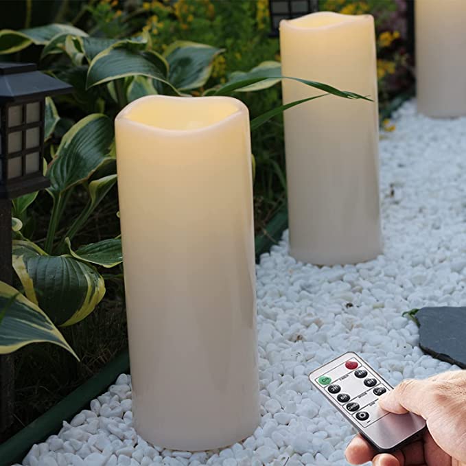 Photo 1 of 4X10 inch Large Outdoor IP44 Warm White LED Rainproof Waterproof Candles, Huge Flameless Battery LED Pillar Candle with Remote and Timer, Resin, No Melt, 2 Pack
