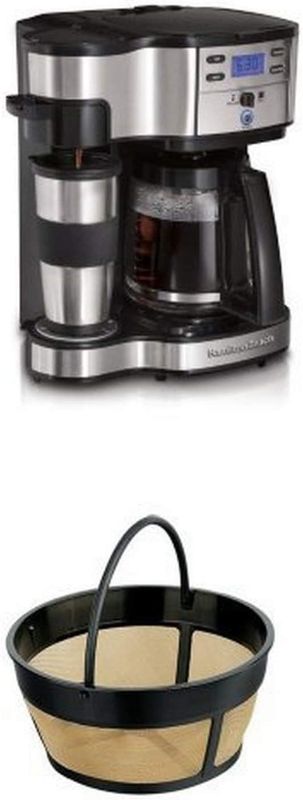 Photo 1 of Hamilton Beach Single Serve Coffee Brewer and Full Pot Coffee Maker and 80675 Permanent Gold Tone Filter Bundle
