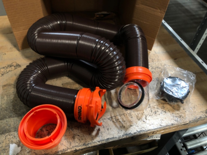 Photo 2 of Camco 39770 RhinoFLEX 15' RV Sewer Hose Kit with Swivel Fitting Transparent Elbow and 4-in-1 Dump Station Fitting, Brown, 15 Feet 