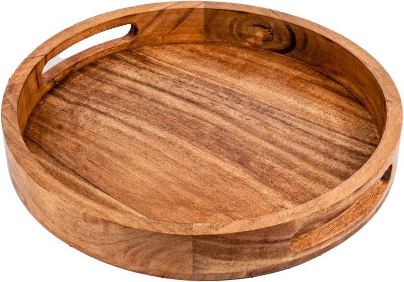 Photo 1 of  Round Serving Acacia Wooden Tray with Handles for Serving Beverages & Food 