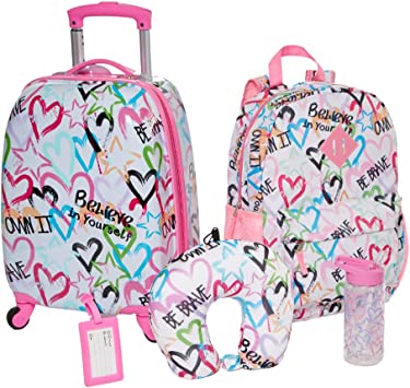 Photo 1 of 5 Pc. Girls’ Rolling Suitcase Set with Backpack, Neck Pillow, Water Bottle, and Luggage Tag 
