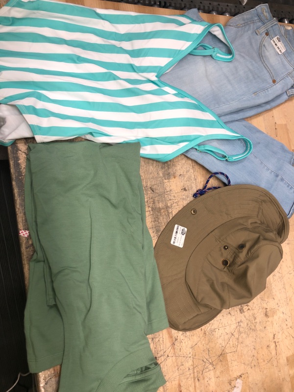Photo 1 of **bundle of 4 clothes; bucket hat, xs green t-shirt dress, small swimsuit, size 2 mid rise skinny jeans