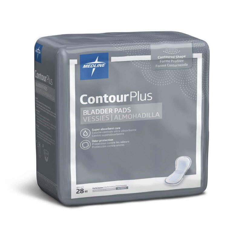 Photo 1 of Medline ContourPlus Bladder Control Incontinence Pads, Ultimate Absorbency, 8" x 7", 28 Count
