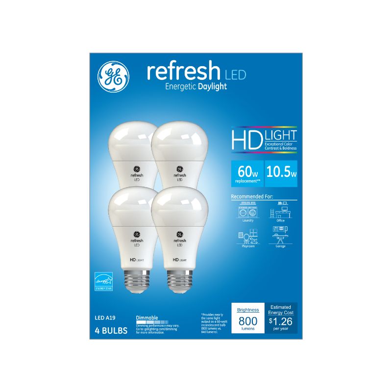 Photo 1 of GE 4pk 10W 60W Equivalent Refresh LED HD Light Bulbs

