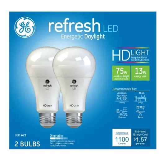 Photo 1 of GE 2pk 75W Equivalent Refresh LED HD Light Bulbs Daylight

