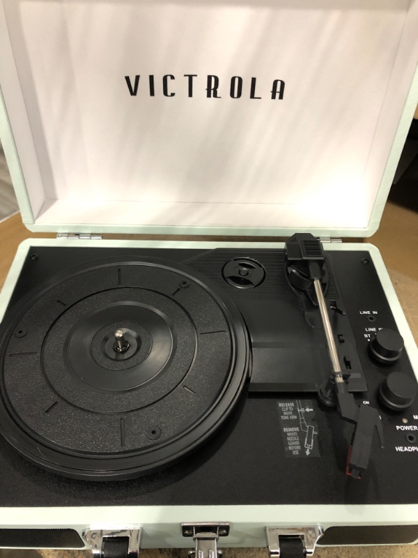 Photo 3 of Victrola Vintage 3-Speed Bluetooth Portable Suitcase Record Player with Built-in Speakers | Upgraded Turntable Audio Sound| Includes Extra Stylus | Mint (VSC-550BT-HOM) Hint of Mint Record Player