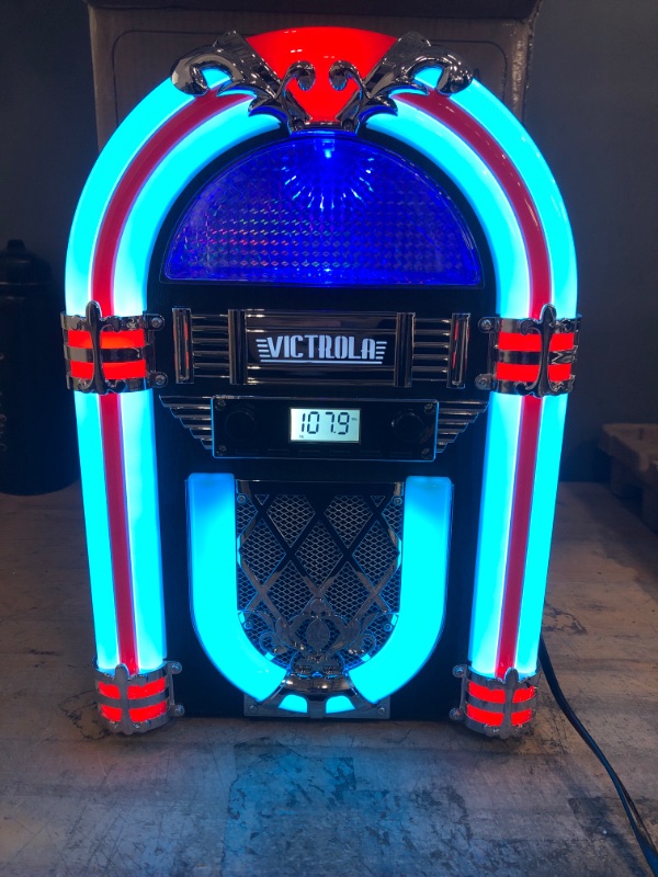 Photo 2 of Victrola Nostalgic Wood Countertop Jukebox with Built-in Bluetooth Speaker, 50's Retro Vibe, 5 Bright Color-Changing LED Tubes, FM Radio, Wireless Music Streaming, AM/FM Radio, Aux Input