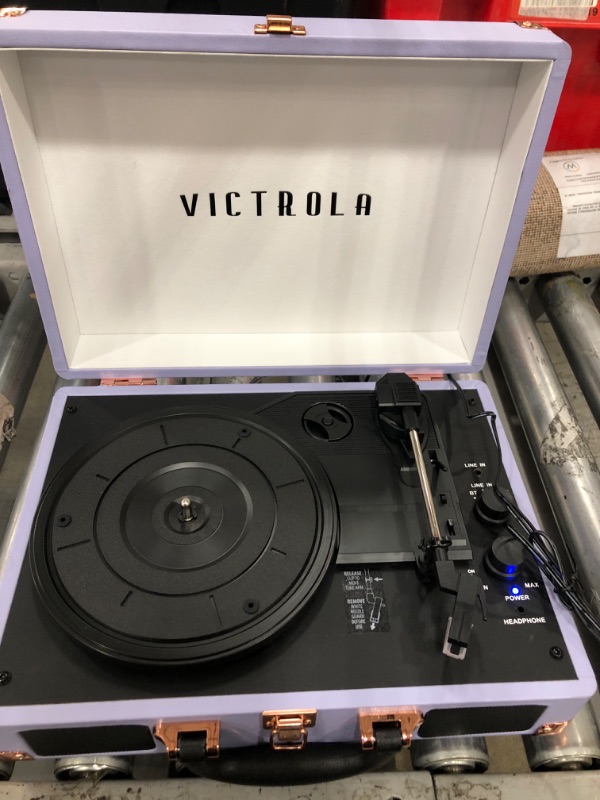 Photo 2 of Victrola Vintage 3-Speed Bluetooth Portable Suitcase Record Player with Built-in Speakers | Upgraded Turntable Audio Sound | Lavender (VSC-550BT-LVG) Lavender/Silver Record Player