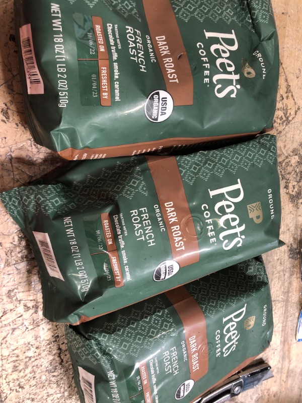 Photo 1 of **EXP DATE 01/04/23** 3PCKS OF Peet's Coffee Organic French Roast, Dark Roast Ground Coffee, 18 oz Bag