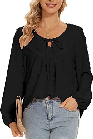 Photo 1 of CMDVZLLZ Women’s Casual Loose Blouses Chiffon Solid Boho Floral V Neck Elegant Tops Long Short Sleeve Swiss Dot Cute Shirts (Size XL