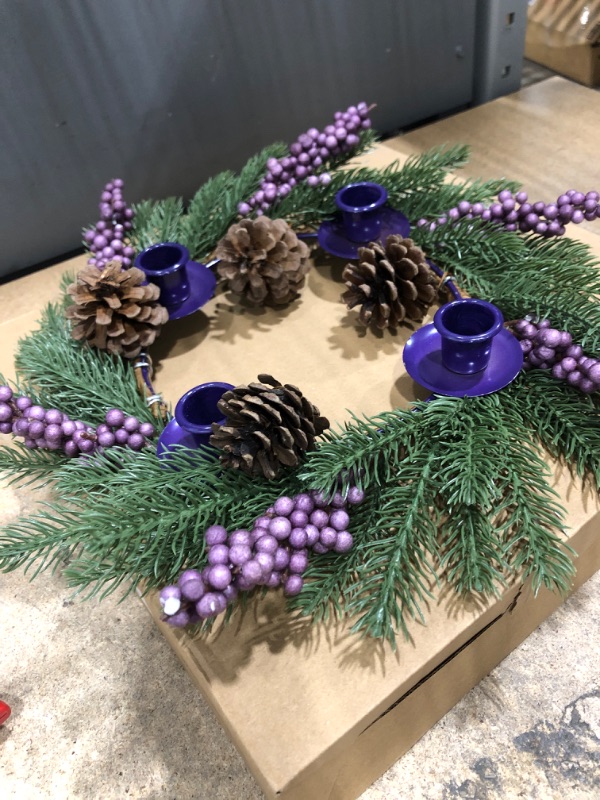 Photo 2 of [Safety Fire Retardant] Christmas Purple Advent Wreath Decoration, Realistic Spruce Christmas Centerpiece with 4 Candle Holder Pinecone 6 Berry Advent Decor for Table Holiday Home Church (No Candles)